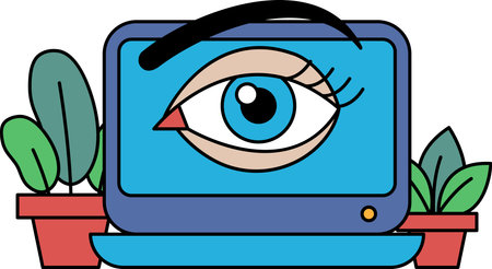 A cartoon drawing of a computer monitor with a blue eye on it. The eye is looking at the viewer, and there are two potted plants in the background. Concept of curiosity and intrigueのイラスト素材