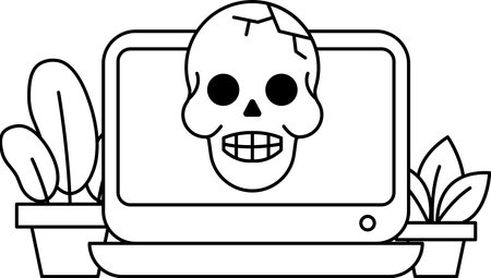 A skull is on a computer monitor. The skull is smiling and has its teeth showing. The computer monitor is on a desk with a potted plant next to itのイラスト素材