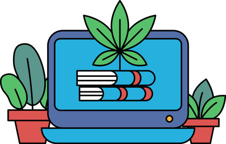 A laptop with a plant on top of it and a book on the screen. The plant is green and the book is open. The laptop is on a table with a potted plant next to itのイラスト素材