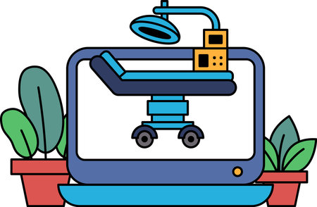 A computer monitor shows a hospital bed with a medical instrument on it. Concept of medical care and attention, with the bed and instrument suggesting a hospital settingのイラスト素材