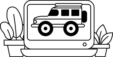 A black and white image of a car is displayed on a computer screen. The car is a Jeep, and it is parked in front of a potted plant. Concept of adventure and excitementのイラスト素材