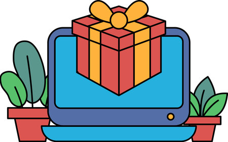 A computer monitor with a red box on it. The box is decorated with a yellow ribbon and a green leaf. The box is placed on a desk next to a potted plantのイラスト素材