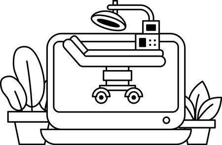 A black and white drawing of a hospital bed with a computer monitor on top of it. The monitor is displaying a medical image. Concept of professionalism and seriousnessのイラスト素材