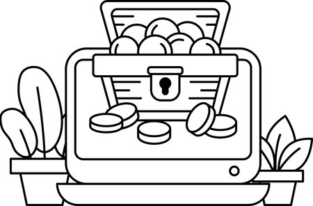 A black and white drawing of a computer screen with a treasure chest on it. The chest is full of coins and the screen is showing a message that says "Open the chest". Scene is adventurous and excitingのイラスト素材
