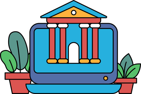 A computer monitor with a building on it. The building is a bankのイラスト素材