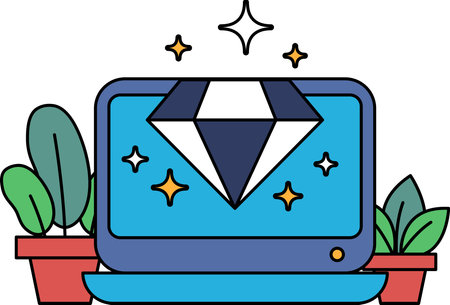 A laptop with a diamond on it is placed on a table next to a potted plant. The laptop is surrounded by a blue background, and the diamond is shining brightly. Concept of luxury and sophisticationのイラスト素材