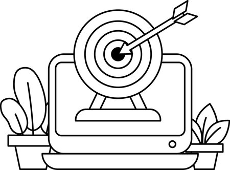 A computer monitor with a target on it. The target is surrounded by arrows and is in the center of the screen. Concept of aiming for a goal or target, and the mood is focused and determinedのイラスト素材