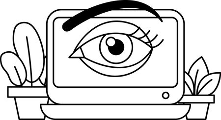 A black and white drawing of an eye with eyelashes. The eye is looking at the viewer and is surrounded by plantsのイラスト素材