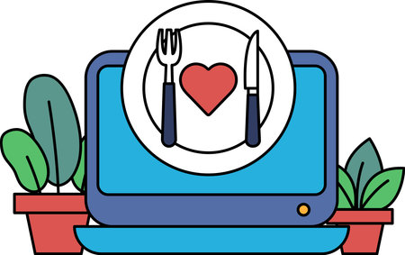 A computer monitor with a plate of food and a knife and fork on it. The plate has a heart on itのイラスト素材