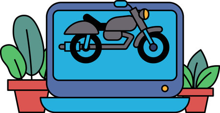 A cartoon drawing of a motorcycle on a computer screen. The motorcycle is shown in a close up, with the screen displaying a picture of the bike. The background features a potted plantのイラスト素材
