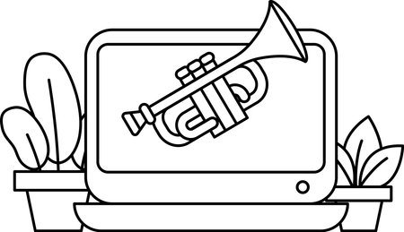 A black and white drawing of a trumpet and a plant. The trumpet is in the foreground and the plant is in the background. The drawing conveys a sense of calm and relaxation, as the trumpetのイラスト素材