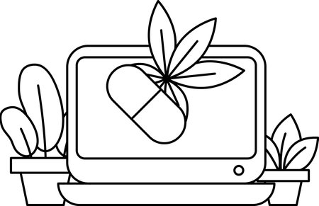 A tablet with a pill on it and a leafy plant next to it. The tablet is on a table with a potted plant and a vaseのイラスト素材