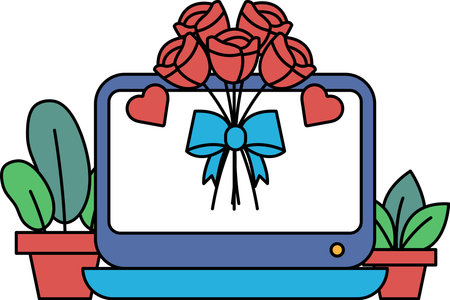 A laptop with a bouquet of red roses on it. The roses are tied with a blue ribbon. The laptop is placed on a table with a potted plant nearby. Concept of love and affectionのイラスト素材