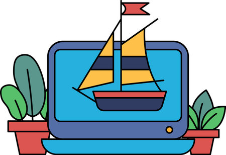 A computer monitor with a boat on it. The boat is yellow and blue. The background is greenのイラスト素材