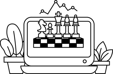 A black and white image of a chess board with four pieces on it. The board is on a computer screenのイラスト素材