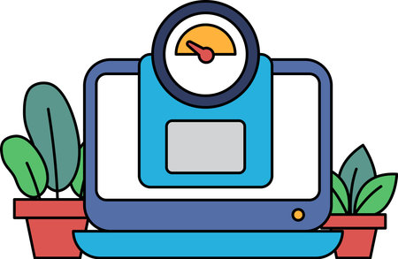 A computer monitor with a green background and a blue screen with a speedometer on it. The speedometer is pointing to a high number, indicating that the computer is running at a fast speedのイラスト素材