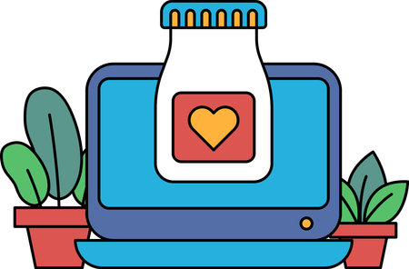 A laptop with a heart on it and a bottle of milk next to it. Concept of warmth and comfort, as the heart symbolizes love and the bottle of milk represents nourishmentのイラスト素材