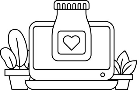 A laptop computer is on a table with a bottle of medicine next to it. The bottle has a heart on it, which suggests that the medicine is for a loved one or for someone who is sickのイラスト素材