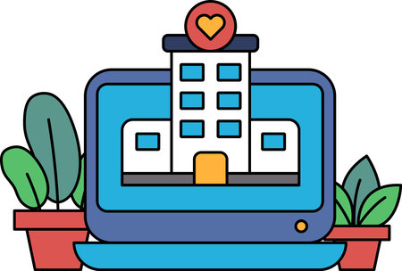 A computer screen with a building and a heart on it. The building is a hospital. The heart is a symbol of love and careのイラスト素材