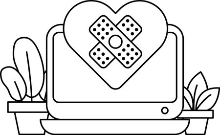 A computer monitor with a heart and a bandage on it. The heart is surrounded by plants and the bandage is on the monitor. Concept of healing and recoveryのイラスト素材
