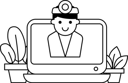 A man is sitting in front of a computer screen with a smile on his face. He is a doctor and is talking to someone on the screen. Concept of warmth and friendliness, as the doctor is smilingのイラスト素材