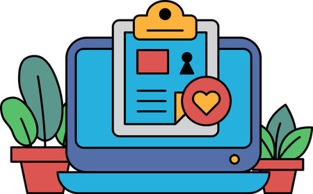 A computer screen with a clipboard and a heart on it. The clipboard has a person's name on itのイラスト素材