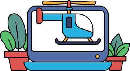 A blue helicopter is on a computer screen. The helicopter is in front of a potted plantのイラスト素材