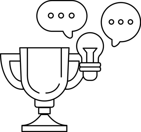 A trophy is shown with a light bulb on top of it. The trophy is surrounded by speech bubbles, which could represent the idea of winning or achieving something greatのイラスト素材