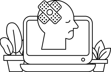 A man with a bandaged head is shown on a computer screen. Concept of sadness and vulnerability, as the man's head is bandaged and he is in painのイラスト素材