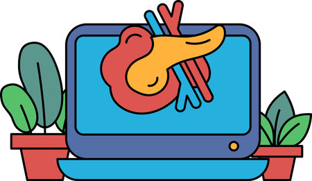 A cartoon drawing of a computer monitor with a red, yellow, and blue organ on the screenのイラスト素材