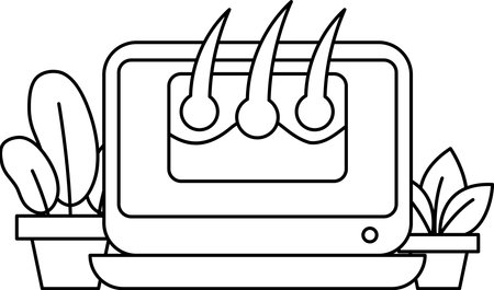 A black and white drawing of a computer monitor with three hair on it. There are two potted plants on the tableのイラスト素材