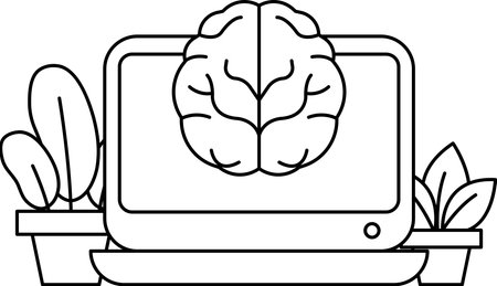 A computer monitor with a brain on it. The brain is surrounded by plants and a potted plant. Concept of technology and nature coming togetherのイラスト素材