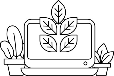 A computer monitor with a leafy background. The leaves are green and the background is black. The computer monitor is placed on a tableのイラスト素材