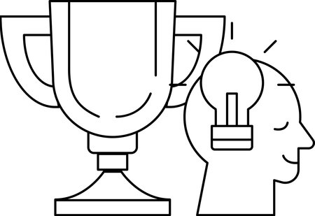 A man with a light bulb on his head is standing next to a trophy. The trophy is a symbol of achievement and success, while the light bulb represents creativity and innovationのイラスト素材