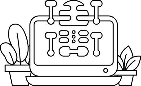 A black and white drawing of a computer monitor with a skeleton on it. The skeleton is surrounded by a clock and a plant. Concept of technology and the passage of timeのイラスト素材