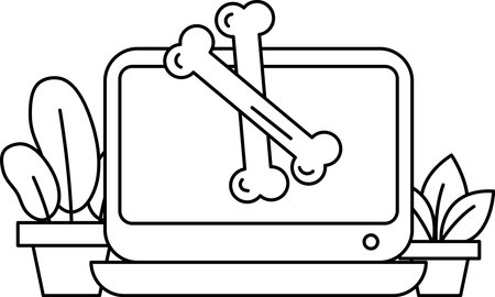 A computer monitor with two bones on it. The bones are on the screen and are in the foregroundのイラスト素材