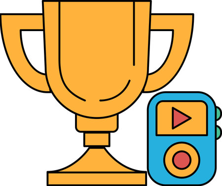 A golden trophy is placed next to a small blue device with a red button. The trophy represents an achievement or victory, while the device is likely a portable music player or a similar gadgetのイラスト素材