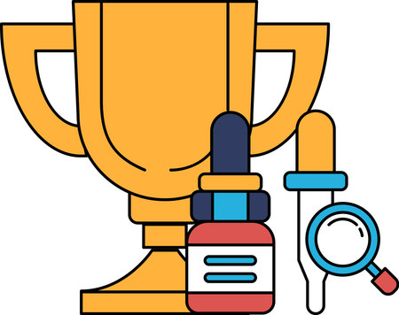 A trophy is shown with a bottle of medicine and a magnifying glass. The trophy represents achievement, while the medicine and magnifying glass suggest the importance of health and wellnessのイラスト素材