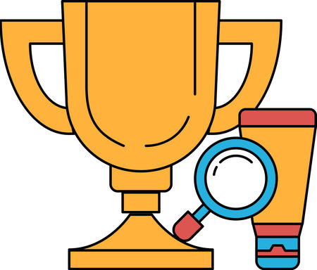 A golden trophy is placed next to a magnifying glass and a tube of lotion. Concept of achievement and self-careのイラスト素材