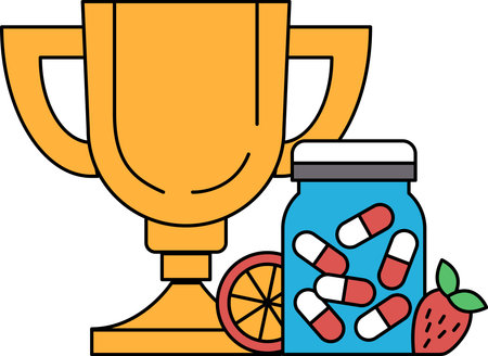 A gold trophy is on a table next to a jar of pills and a strawberry. Concept of health and wellness, as the trophy represents achievement and the pillsのイラスト素材