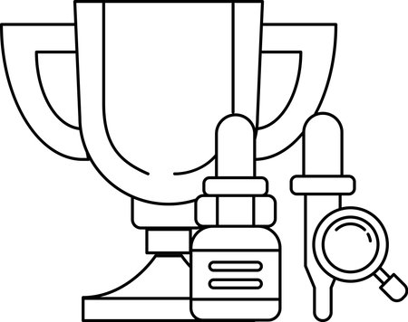 A trophy is shown with a bottle of medicine and a magnifying glass. The trophy represents achievement, the medicine represents health. The image conveys the idea that successのイラスト素材