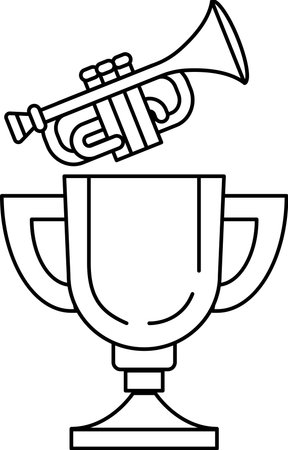 A trophy is shown with a trumpet on top of it. The trophy is white and the trumpet is black. The trumpet is positioned above the trophy, with the trumpet's bell pointing upwardsのイラスト素材