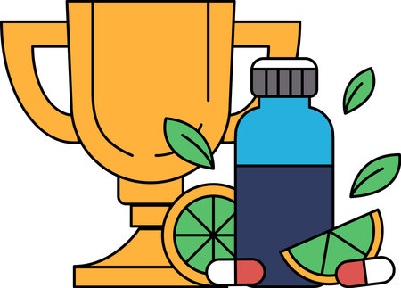 A trophy is on a table next to a bottle of medicine and a slice of lime. The trophy represents achievement and success, while the medicine and lime suggest health and wellnessのイラスト素材