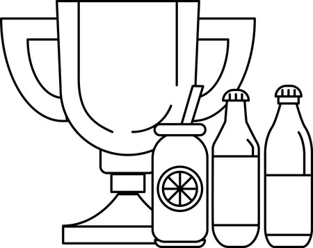A cup, a bottle, and a bottle cap are shown in a black and white drawing. The cup is placed on a table, and the bottle and bottle cap are next to it. Concept of celebration or achievementのイラスト素材