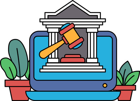 A laptop computer is shown with a gavel and a building in the background. The gavel is being used to symbolize the idea of justice and the building represents a courthouseのイラスト素材