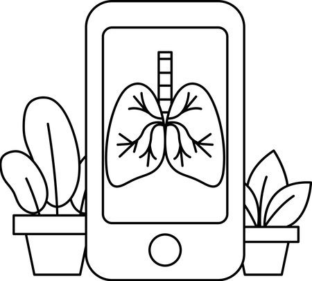 A black and white drawing of a cell phone with a picture of a lung on it. The drawing also includes a potted plant and a leafy plant. Scene is calm and peaceful, with the plantsのイラスト素材