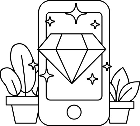 A phone with a diamond on it is surrounded by plants. Concept of luxury and sophisticationのイラスト素材