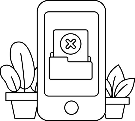 A phone with a black screen and an X on it. The phone is sitting next to a potted plantのイラスト素材