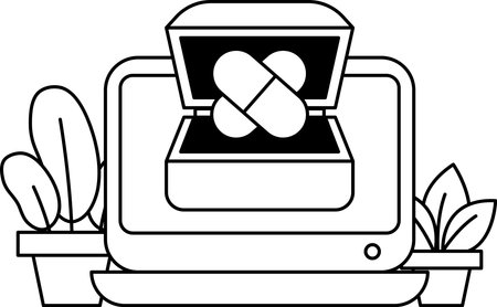 A computer monitor with a pill container on it. The pill container is open and the pills are visible. Concept of taking medication and the importance of following the prescribed dosageのイラスト素材
