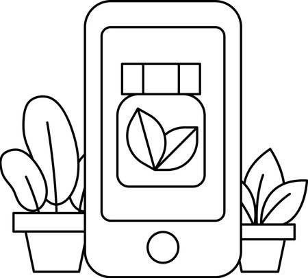 A cell phone is shown next to a plant and a bottle. Concept of technology and nature coexisting in harmonyのイラスト素材
